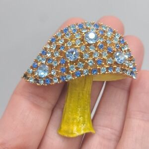 Vintage Capri Mushroom Brooch Rhinestone Enamel Signed MISSING 2 STONES